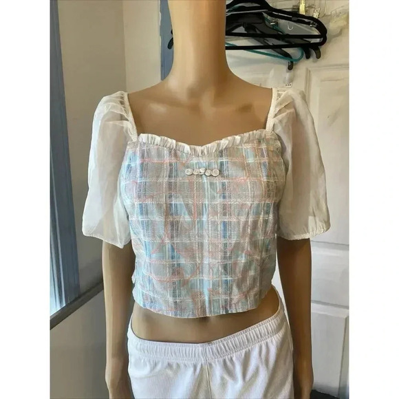 VTG IEF Womens L Silky Leaf Print Ruched Puff Sleeve Crop Top Fairy Square Neck - Picture 10 of 10